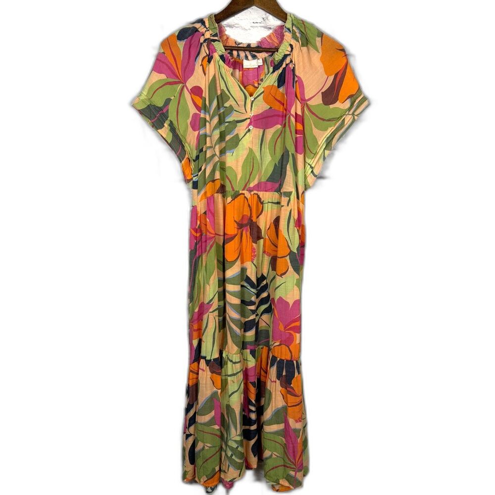 Sharagano Tropical Print Midi Dress Womens‎ PL Short Sleeve Tiered Boho Vacation